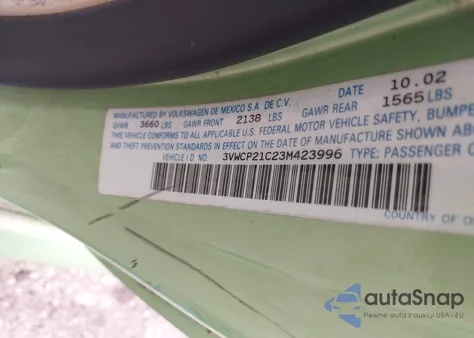 2003 Volkswagen New Beetle Gls Tdi from USA, damaged, VIN 3VWCP21C23M423996